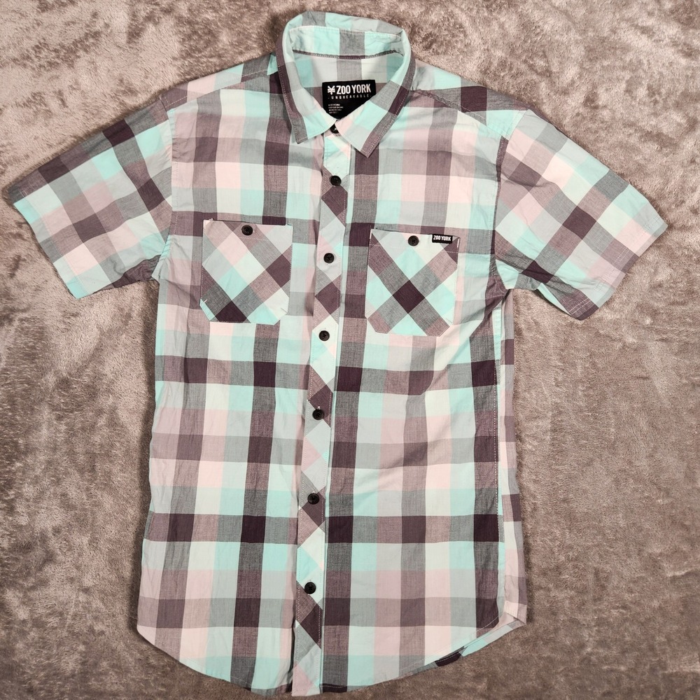 Zoo York Button‎ Down Shirt Mens Small Mint Green Grey Plaid Short Sleeve